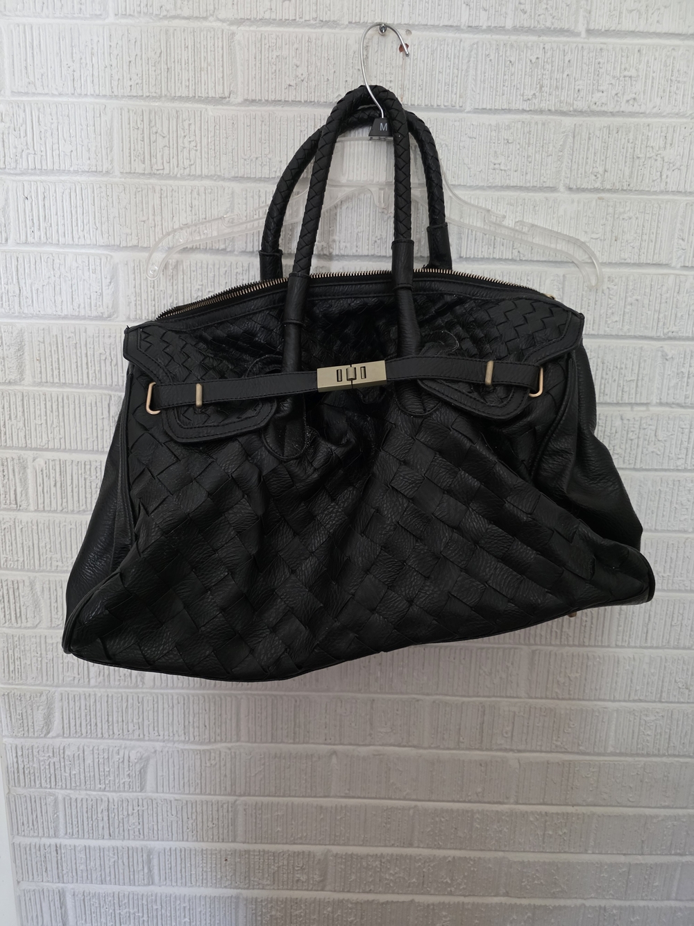 Black Woven Leather-like Tote Bag with Gold Accent